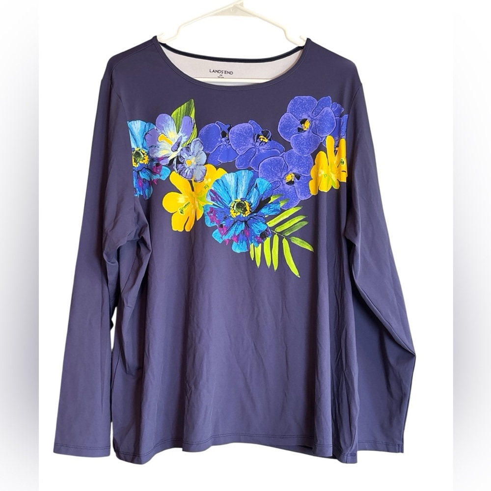 Lands’ End Floral Graphic Long Sleeve Top 2X (20W–22W) Purple Blue Yellow